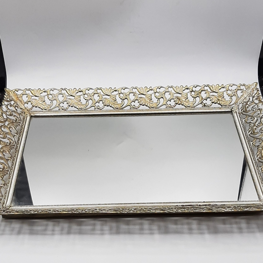 Vintage Hollywood Regency Vanity Mirrored Tray 14 1/2" x 10 3/8” Filigree Design